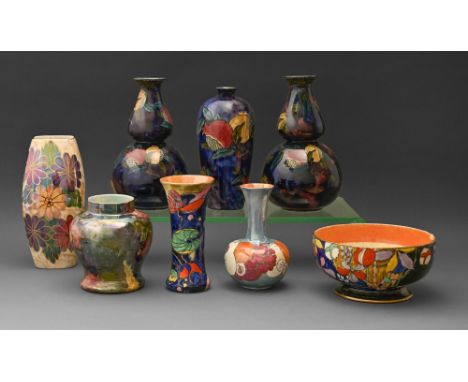 Eight S Hancock &amp; Son, Rubens Ware, Corona Ware and other vases and a bowl, 1920s - 40s, double gourd vase 25.5cm h, prin