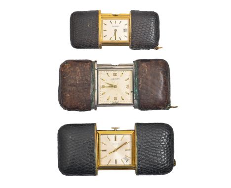 Two Movado giltmetal and leather covered purse watches, one with date and a Jean Renet example, with date (3)  All showing si