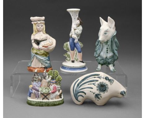 A Rye Pottery pastoral primitive group of hop pickers and a candlestick figure, candlestick 27cm h, printed mark and three Da