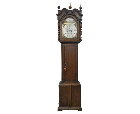 A George III oak longcase clock,&nbsp; eight day, with silver and brass engraved dial inscribed Harper &amp; Son, Salop, flan