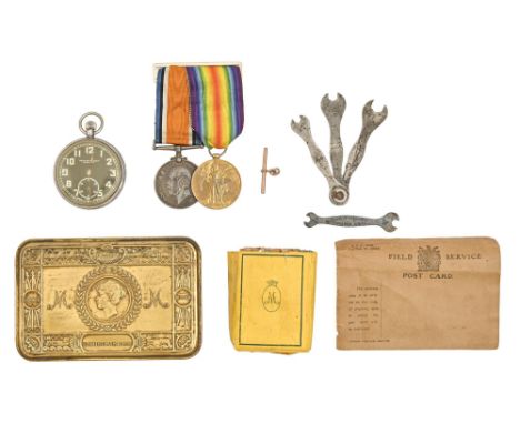 WWI, pair, British War Medal and Victory Medal 47531 Sjt J Coleman Linc R, Christmas 1914 tin retaining one of the two packet