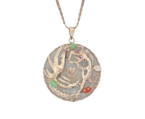 A jewelled 15ct gold mounted jade pendant, 31mm diam and 9ct gold necklet with base metal clasp, 14.4g  Undamaged