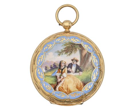 A Swiss hunting cased gold and enamel cylinder lady's watch, Lebet &amp; Fils, 19th c,&nbsp; with enamel dial, decorated to t