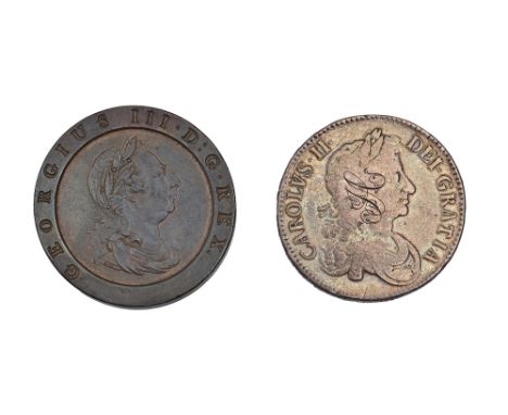 Silver coin. Charles II Crown 1671, TERTIO, early graffiti to portrait and George III copper 'cartwheel' twopence 1797 (2)  