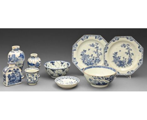 A pair of Chinese export blue and white octagonal plates, tea caddy and cover, bowl, saucer and coffee cup, 18th c, plates 21
