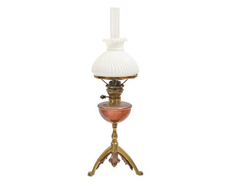 A brass and copper oil lamp attributed to W A S Benson, burner stamped PATENT, 32.5cm h excluding white glass wrythen fluted 