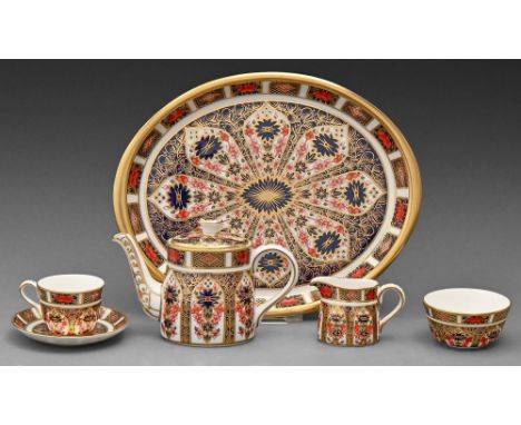 A Royal Crown Derby Imari pattern miniature tea service, late 20th c, tray 19.5cm l, printed mark, boxed (7)  Undamaged, firs