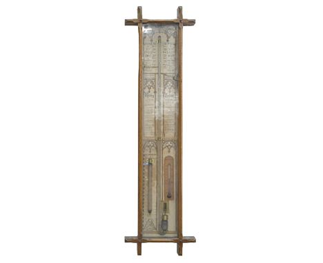 A Victorian oak Fitzroy barometer, with alcohol thermometer and printed gothic register with lozenge shaped PODR mark, 104cm 