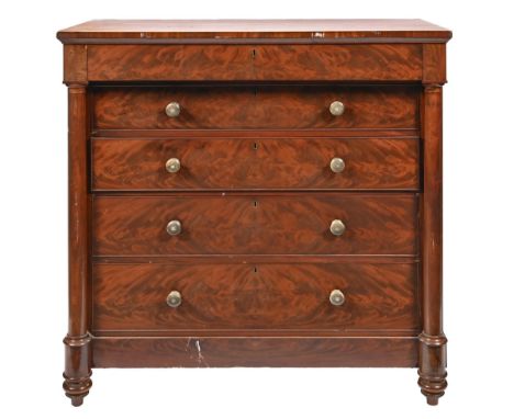 A Victorian mahogany chest of drawers, the five long drawers flanked by turned pillars, on tuned feet, 124cm h; 126 x 62cm  S