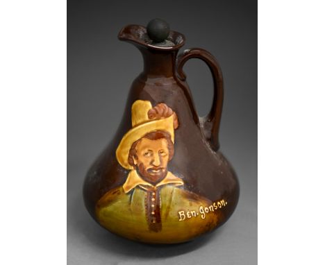 A Royal Doulton Kingsware whisky flask, early 20th c, decorated with Ben Jonson and inscribed Dewars Whisky, contemporary man