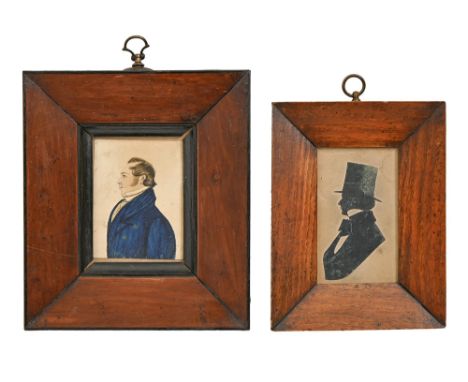 English naive artist, mid 19th c - Portrait Miniature of a Gentleman, half length in a blue coat, ink and watercolour on card