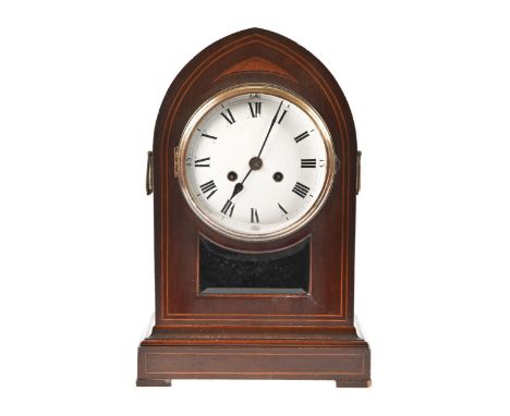 An inlaid mahogany mantel clock, early 20th c, pendulum, 45cm h; 29 x 14cm and a&nbsp;Victorian inlaid mahogany arch top brac