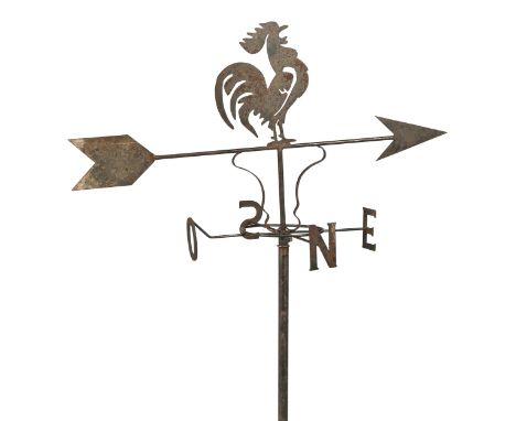 A wrought iron crowing cock weather vane, mid 20th c, 68cm h, dart 118cm l, and a supporting tube  Minor rust