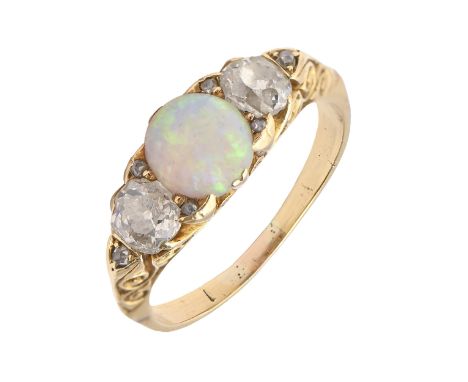 An opal and diamond ring, c1900, with old cut diamonds, in gold, 4.9g, size P  Opal polish scratched, hoop stretched and mark