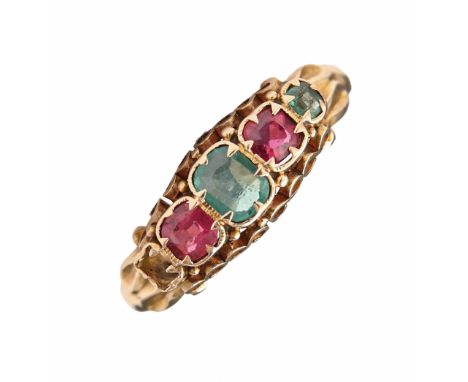 A Victorian ruby and emerald ring, in 15ct gold, Birmingham 1866, 1.9g, size L  Lacks one of the smallest stones