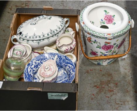 An F Winkle &amp; Son Canton pattern earthenware slop pail and liner, with wicker wrapped handle, a Royal Crown Derby puce pr