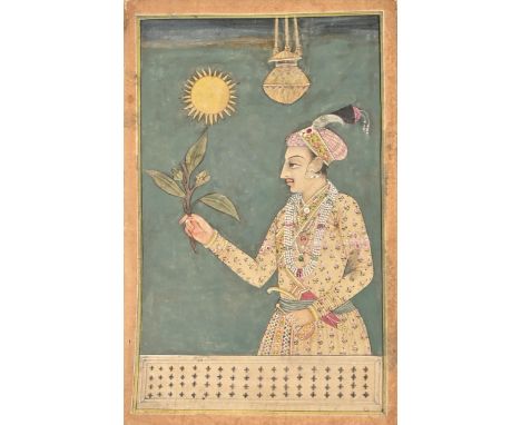 An Indian portrait miniature of a Mughul Shah, offering a sprig and holding a rosewater sprinkler, beneath an incense burner 