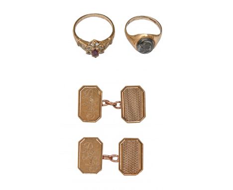 A pair of 9ct gold cufflinks, 10 x 16mm, marks rubbed, London 1958, a 9ct gold signet ring with hematite intaglio and another