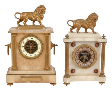 A French alabaster and giltmetal architectural mantel clock, early 20th c, mounted with a lion, enamel dial, 39cm h and anoth