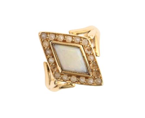 An Edwardian lozenge shaped opal and split pearl ring, in 18ct gold, Chester 1909, 4g, size J  Lacks several split pearls