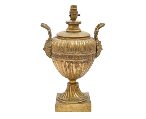 A gilt lacquered brass neo classical style urn lamp with satyr mask handles, c1900, 32cm h excluding fitment  Lacquer dirty, 