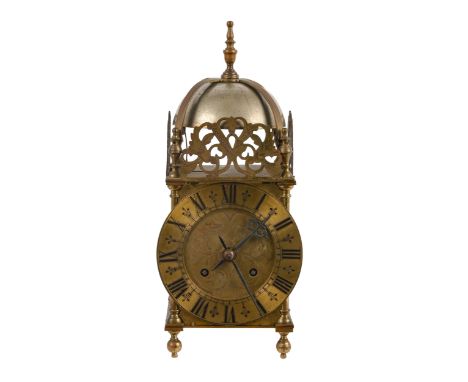 An English brass lantern clock, early 20th c,&nbsp;in 17th c style, the backplate stamped&nbsp;CARTER BOWLES CHELTENHAM, 38cm