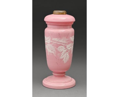 A Victorian blancmange pink glass oil lamp and stand, painted in white enamel with blackberries, 34cm h  Localised wear, main