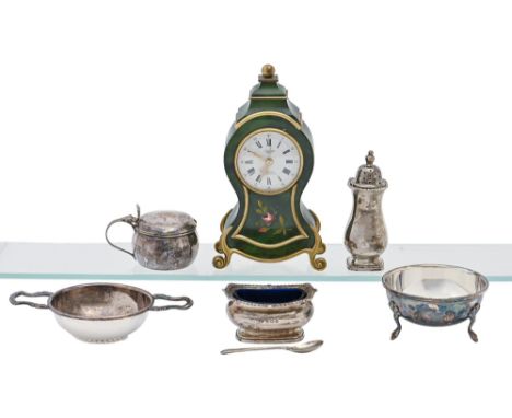 A George V silver salt cellar and pepperette, a Swiss miniature painted Neuchatel musical alarm timepiece, etc  Clock in work