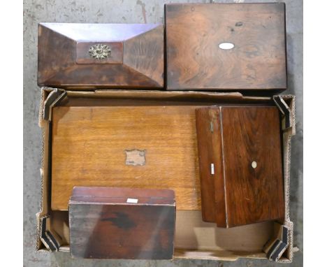 A Victorian mahogany tea caddy, a contemporary rosewood writing box and several other boxes  
