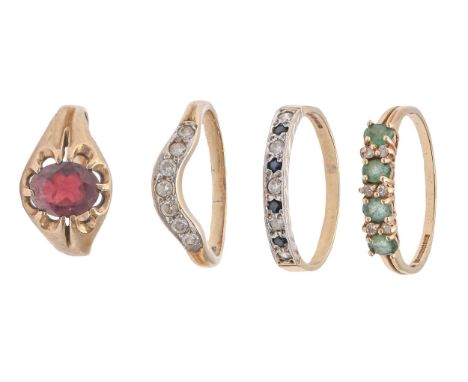 Four 9ct gold rings, variously gem st, 10g, size N, R, T  Good condition