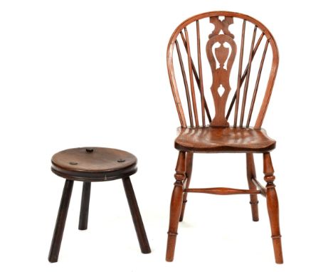 A Victorian yew and elm wood kitchen chair and a contemporary tripod stool with ash seat, 36cm h, 33cm diam  Chips and scuff 