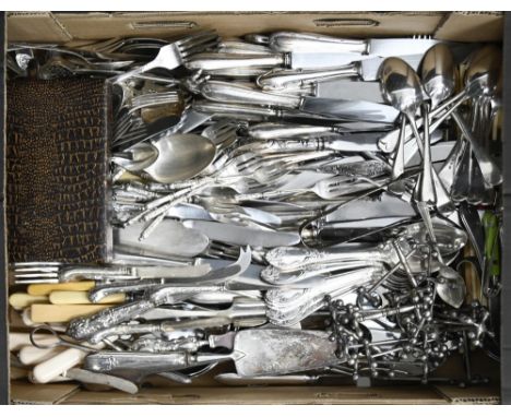 Miscellaneous plated flatware, including several French table services, late 19th / early 20th c, serving flatware and knife 