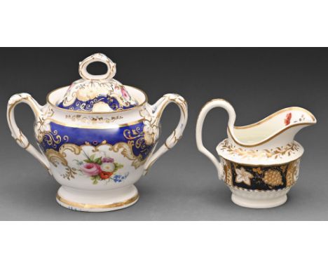 A John Ridgway sucrier and cover, and cream jug attributed to Rathbone, c1850 and c1828 respectively, the first painted with 