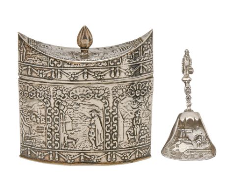 A Dutch decorative silver tea caddy, navette shaped, 90mm h, import marked B Muller &amp; Son, London 1906 and a German silve