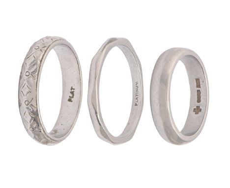Three platinum wedding rings, marks obscured, 2000 or marked PLAT or PLATINUM, 18g, size I, O  Light wear