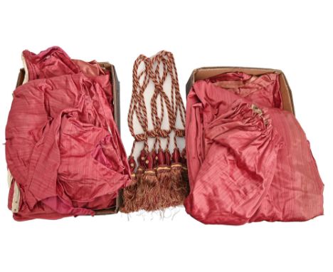A set of four early 20th c Country House lined curtains, associated drapery and tie backs, 280cm h, 230cm w  