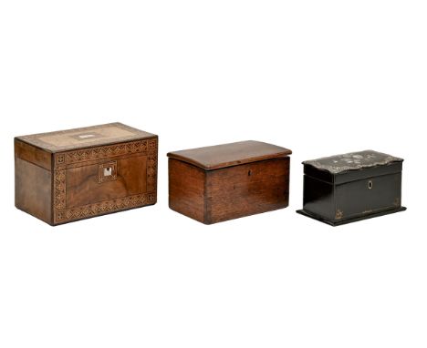 A Victorian papier mache stationery box, walnut tea caddy (gutted) and an early 19th c fruitwood box, retaining the Victorian