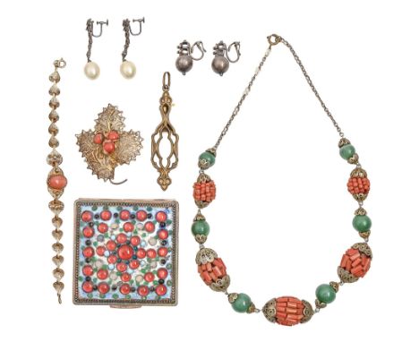 A South East Asian jade bead, coral baton and silver filigree necklace, c1930,&nbsp;46cm l, a pair of silver earrings, a pair