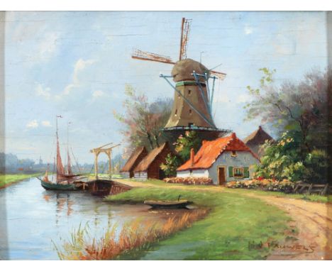 H. de Pauwels, late 19th/early 20th c - Dutch Canal Scene, signed, oil on board, 13 x 17cm  Good condition. The board somewha