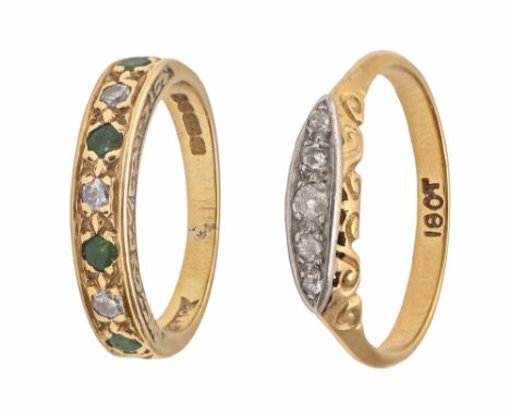 An emerald and diamond ring, in 18ct gold, Birmingham, date letter obscured and an earlier diamond ring, in gold marked 18ct,