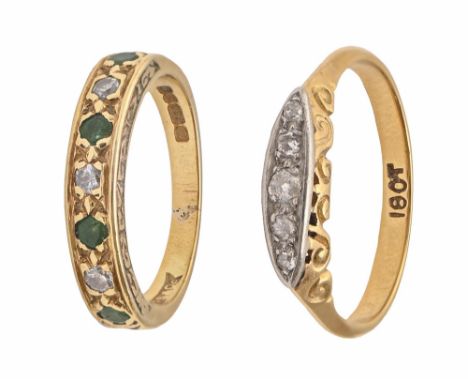 An emerald and diamond ring, in 18ct gold, Birmingham, date letter obscured and an earlier diamond ring, in gold marked 18ct,