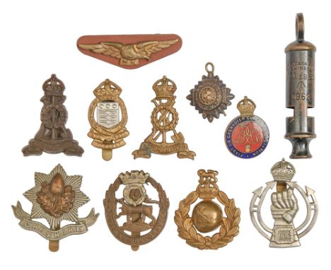 Militaria. Eight British Army cap badges, including York and Lancashire and Cheshire Regiment, two others and a whistle marke