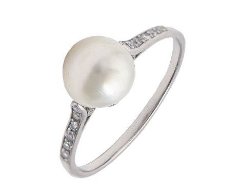 A pearl ring,&nbsp;early 20th c, with diamond shoulders, in white gold, pearl 8mm diam, 3.2g, size P  Light wear scratches co