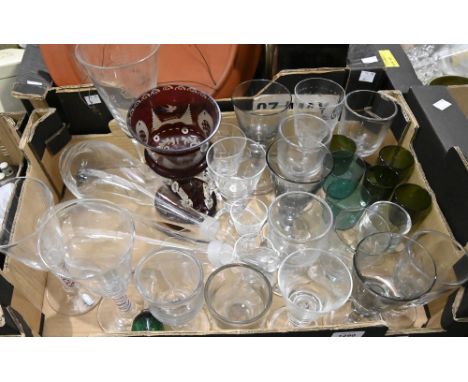 A Bohemian ruby flashed and wheel engraved glass lustre and miscellaneous drinking glass, 19th c and later  