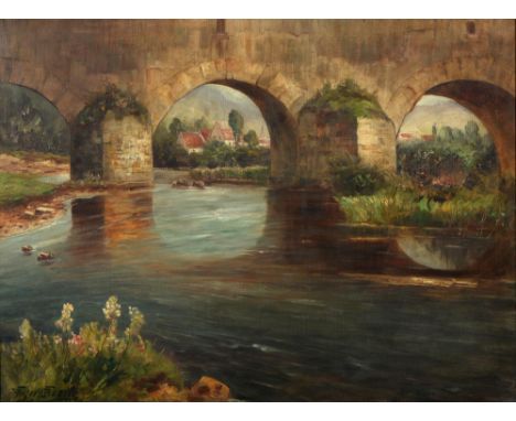 North European School, late 19th/early 20th c - A Bridged River, the background with a town, indistinctly signed and inscribe