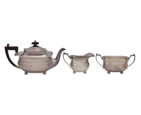 An Elizabeth II silver tea service, with gadrooned rim, on bun feet, teapot 14.5cm h, by Elkington &amp; Co Ltd, Birmingham 1