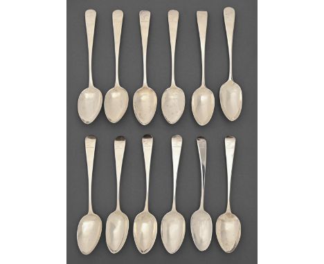 Two sets of uniformly crested George III and Victorian silver dessert spoons, Old English pattern, both London, five by Thoma