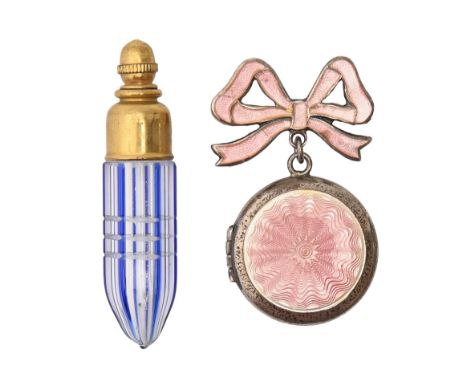 A silver and pink guilloche enamel locket, c1910, 26mm diam, suspended from a contemporary silver and enamel bow brooch and a