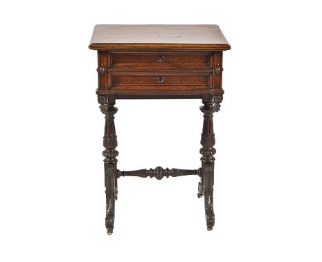 A French oak work table, 19th c, with fitted parquetry interior and mirror to the underside of the lid, 81cm h; 46 x 54cm, a&