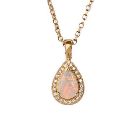 A pear shaped opal and diamond pendant, in gold, 29mm h, marked 18k and an 18ct gold necklet, 11.5g  Good condition